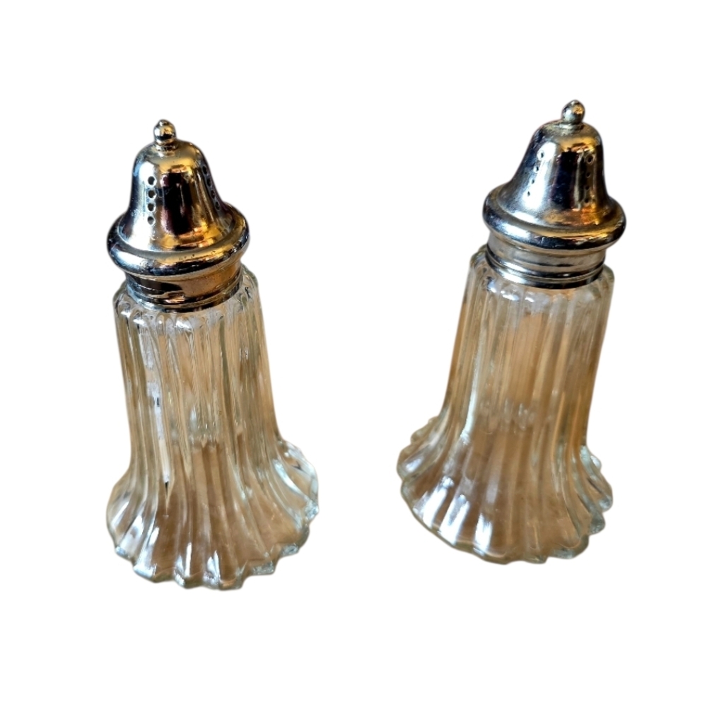 Vintage Glass Salt and Pepper Shakers with Silver Tops Large 6" Made In Japan